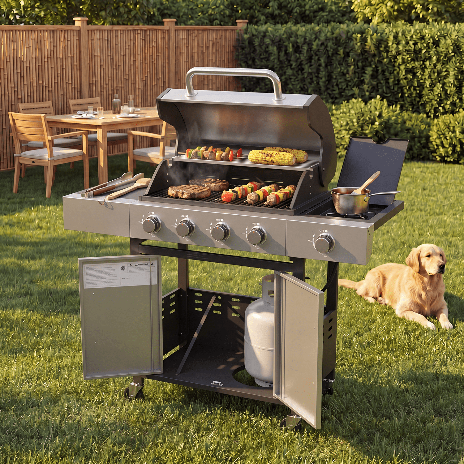 Clouddwell 4 Burner Gas Propane Grill, with 4 Casters, Side Table, and Thermometer, Patio Garden BBQ Grill Perfect for Camping, Silver