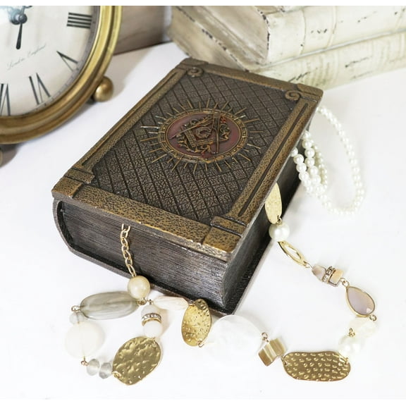 Ebros Masonic Symbol Freemasonry Square and Compasses Hinged Book Box 5.75"L
