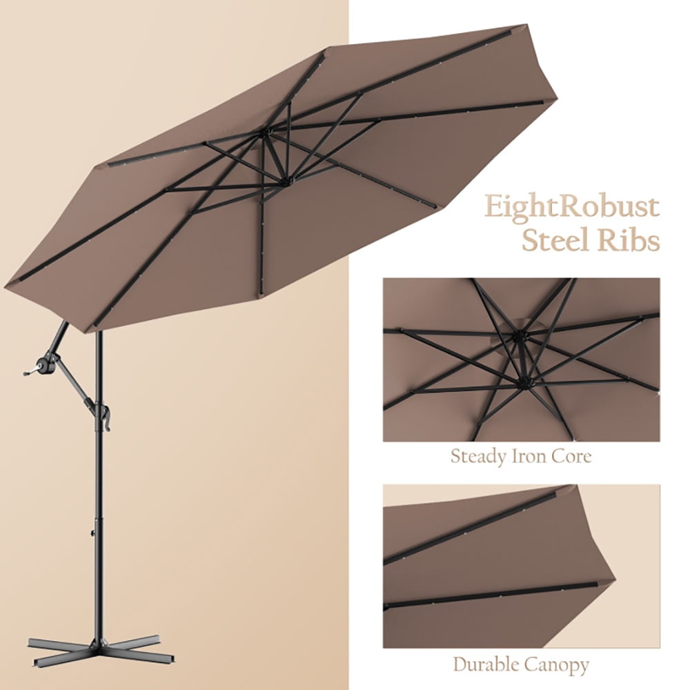 Aimee Lii 10 Feet Patio Hanging Solar LED Umbrella Sun Shade with Cross Base, Table Umbrella Outdoor Patio, Tan