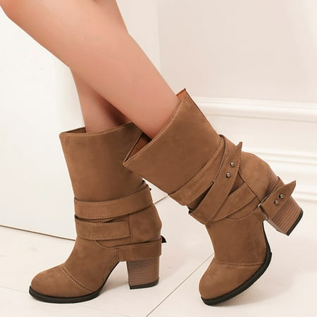 

Hunpta Boots For Women Boots Buckle Thick Women s Size Medium Fashion Large Heel Belt Suede women s boots