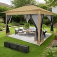 thumbnail image 4 of COBIZI 12'x12' Pop-up Gazebo Patio Gazebo Outdoor Gazebo Canopy with Mosquito Netting Patio Tent Backyard Canopy with 2-Tiered Vented Top 3 Adjustable Height and 144 Square Ft of Shade, Brown, 4 of 18