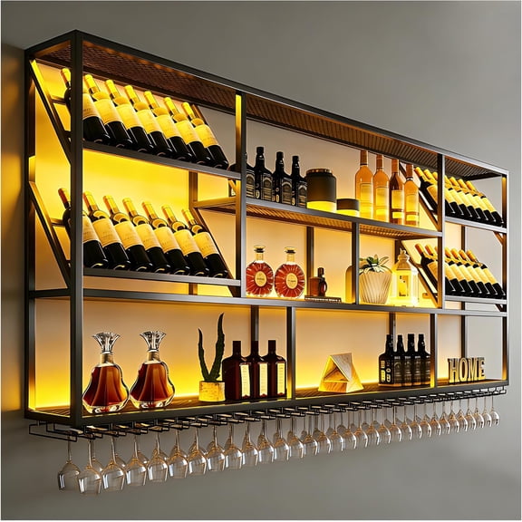 59.1in 3 Tier Wine Rack Wall Mounted, Modern Large Floating Bar Shelves with Wine Glass Rack, Industrial Liquor Bottle Display Shelves, Black, for Home Kitchen, Dining and Bar