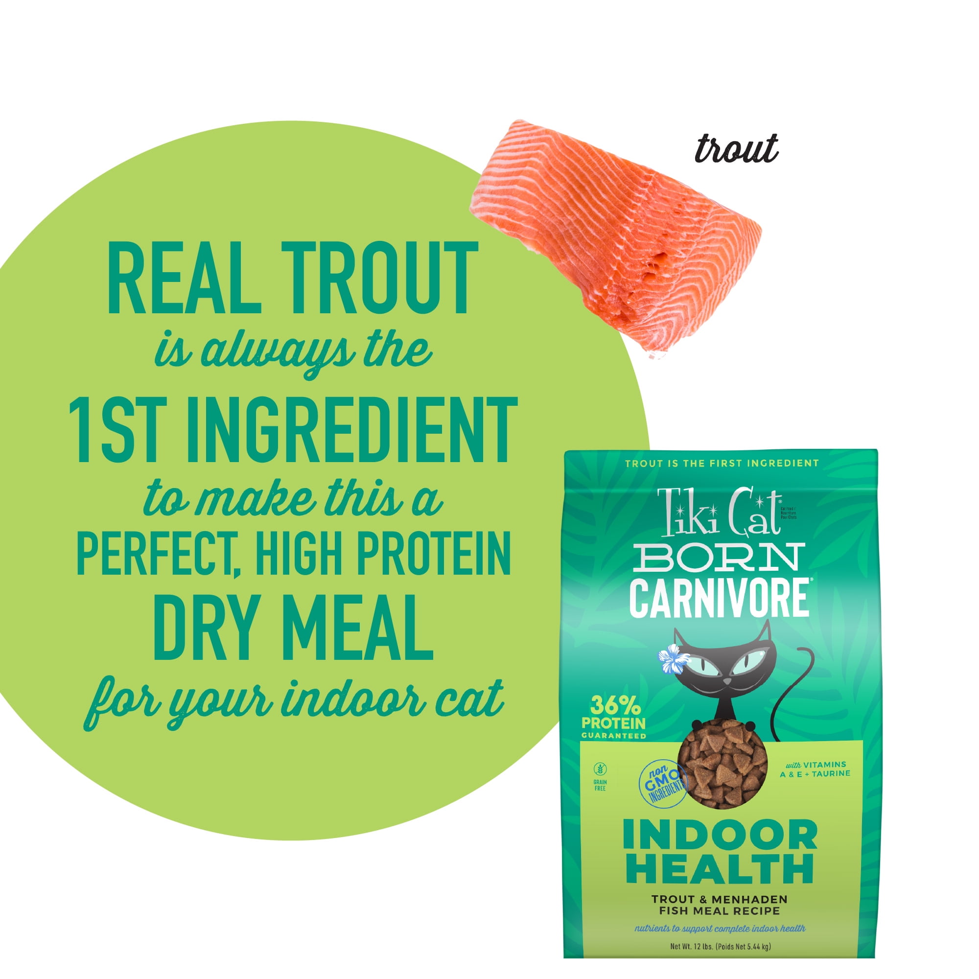 Tiki Cat Born Carnivore Indoor Health Dry Cat Food, Trout & Menhaden Fish Meal, 12 lbs. Bag