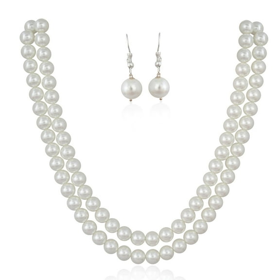 Ratnavali Jewels Shell Cultured 10mm White Pearl Double Strand Necklace for Women With Hook Earrings