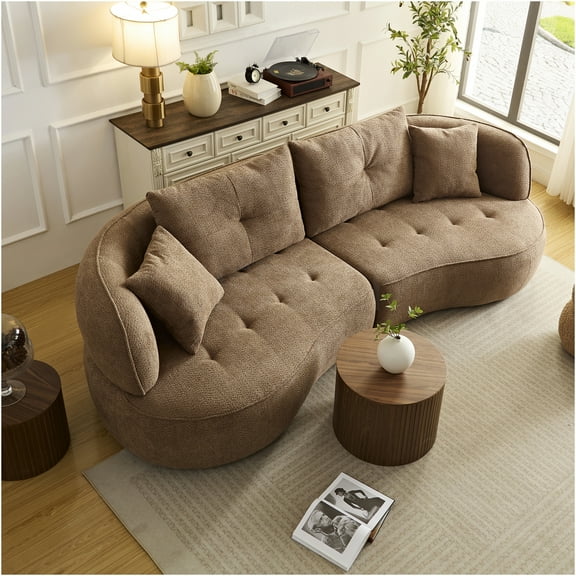 JERFIT Modern 3-Seater Sofa Couch with 4 Pillows, Beige Cotton Linen Fabric Upholstered Living Room Couch with Sturdy Metal Legs for Apartment & Office