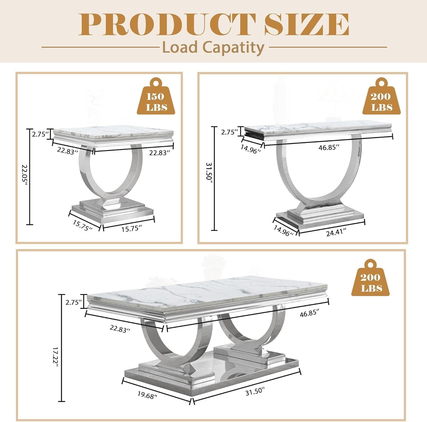 46.85" Marble Coffee Table, Rectangular Faux Marble Top with Silver Mirrored Stainless Steel Double O-Base, for Living Room, Hallway, Lounge Area