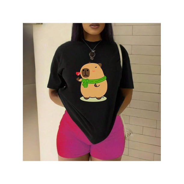 Playera Blusa De Capybara Enviando Un Corazon Ropa Chic Capibara Color Negro Talla Chica Marca Emil SaEs