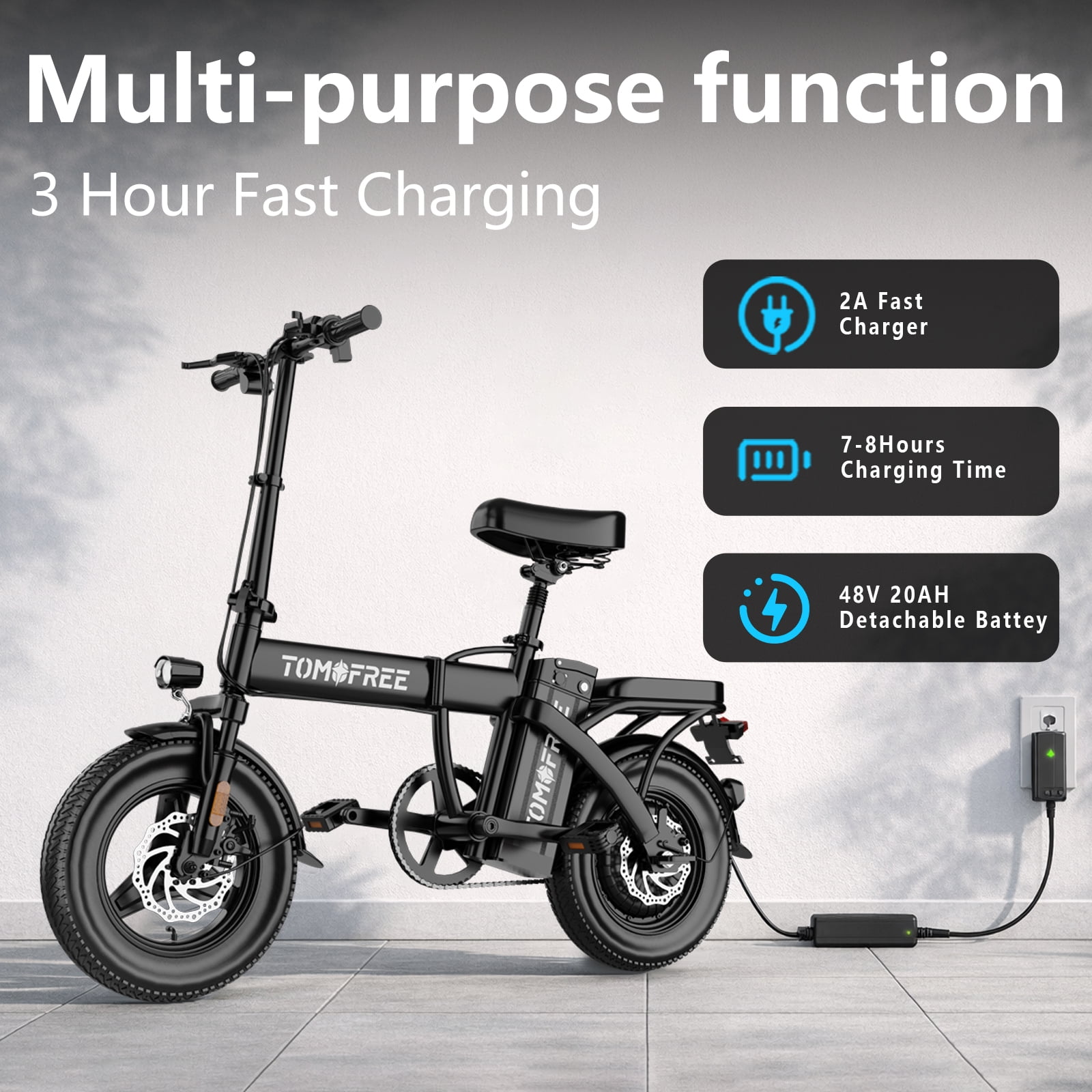 Folding Electric Bike 48V 20AH Removable Battery 20-25MPH 14''x 2.1'' Tire, 25-35miles PAS, Front/Full Suspension, 200lbs Load Ebike for Adult, Adult Electric Bicycles for Commute