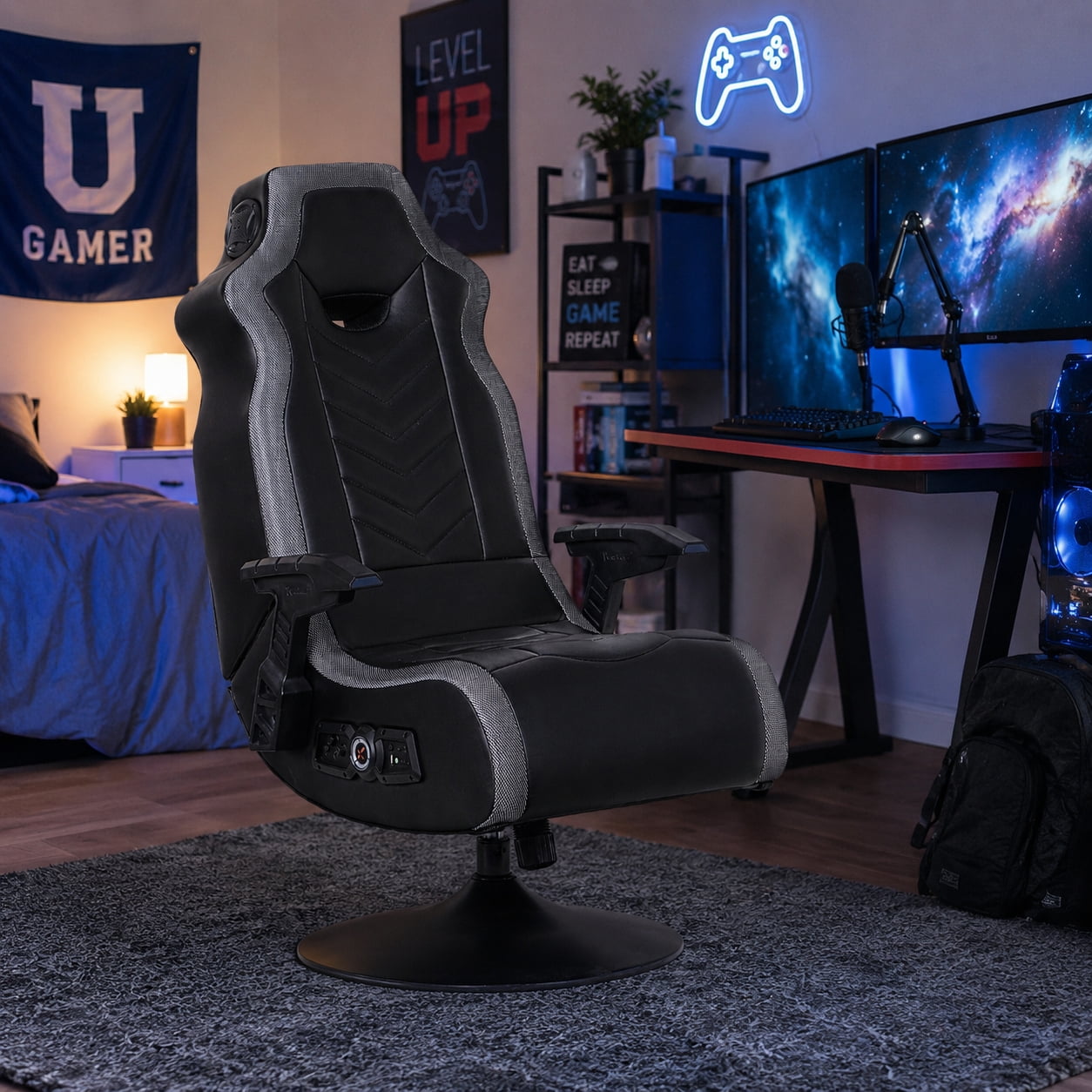 Black RGB Pedestal Gaming Chair with Fixed Armrest, 33" x 25" x 45"