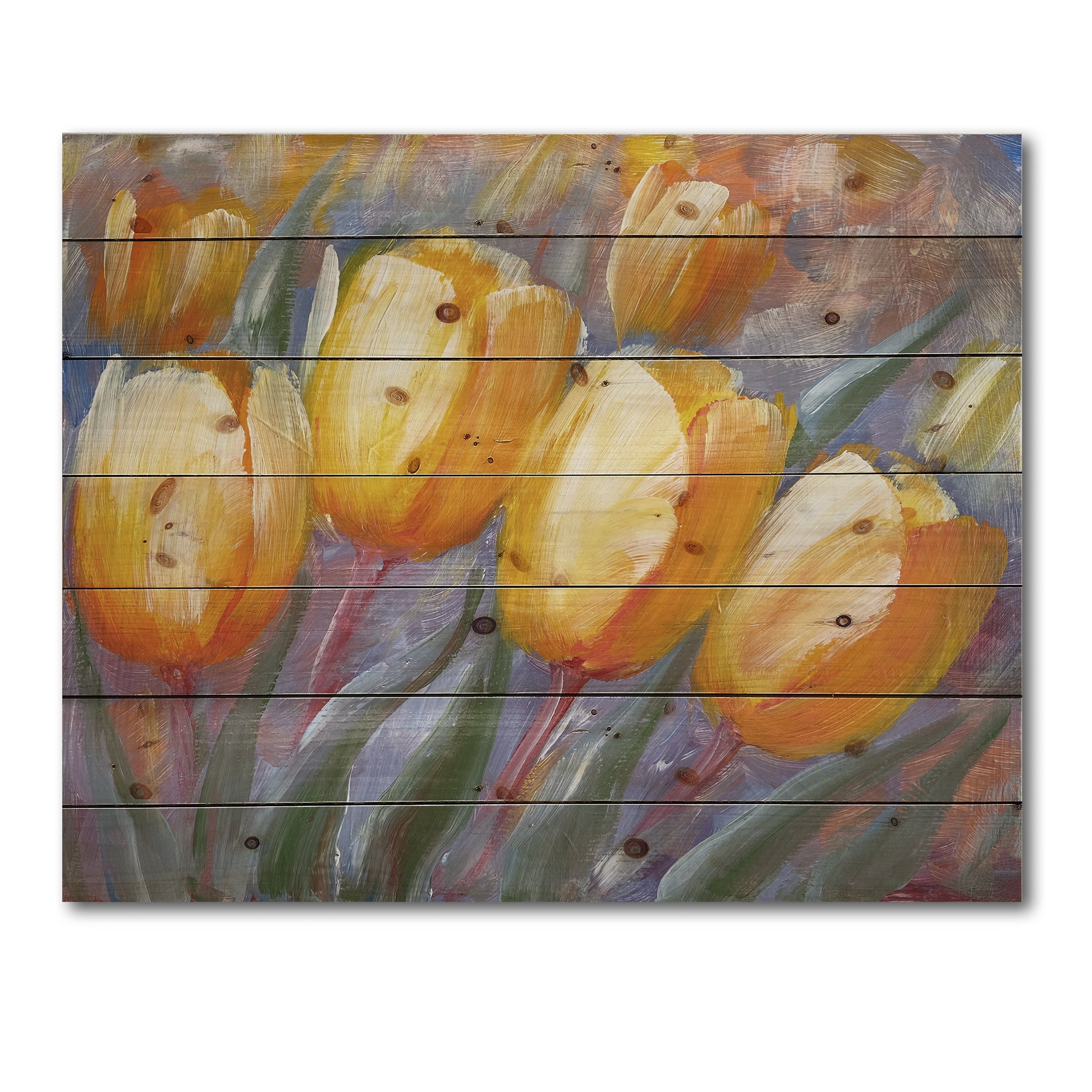 Designart 'Abstract Yellow Blooming Tulips' Traditional Print on Natural Pine Wood