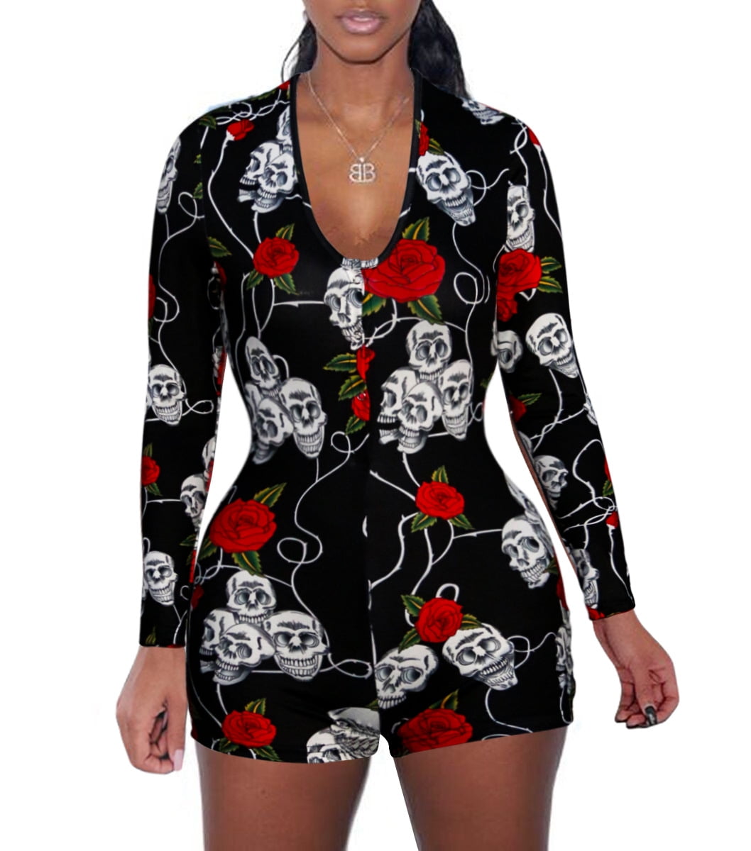 Hirigin Sexy Playsuit Women Floral Print Long Sleeve Bodycon Jumpsuit Bodysuit Romper Shorts Trousers Women Bodysuits, Women's, Size: Medium, Black
