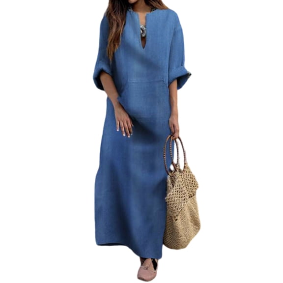 Quixlent Summer Maxi Dress for Women Casual Loose Fit Long Sleeve V Neck Dress Boho Beach Vacation Long Dress with Front Pocket