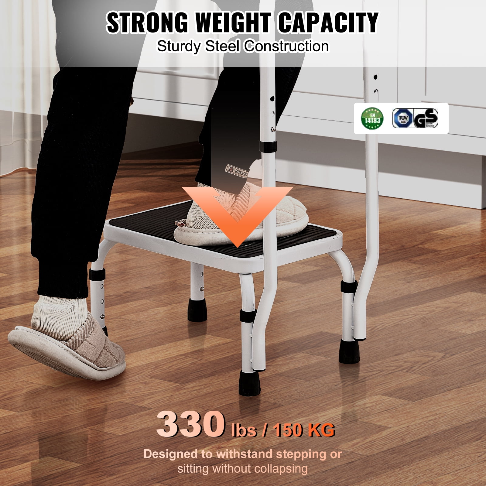 VEVOR Step Stool 1-Step 330lbs Capacity, 3 Adjustable Height with Handle Steel Step Ladder, Portable Step Stools for Adults, Non-Slip Sturdy Step Ladders for Office, RVs, Pets