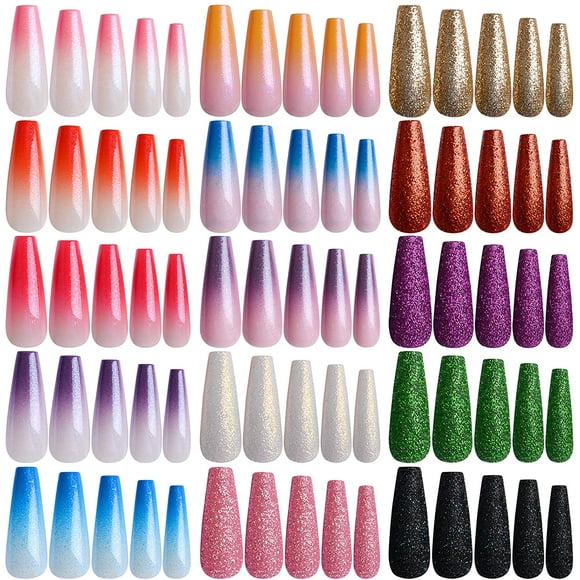 384Pcs Long Press On Nails Fake Nails Ballerina Coffin Ombre & Glitter Full Cover False Nails with Designs for Women and Girls