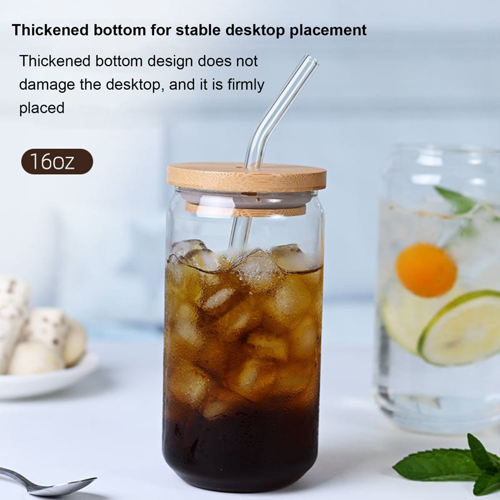 Drinking Glass Mugs with Bamboo Lids and Straws 470ml Drinking Jar Wide  Mouth Drinking Clear Glasses Coffee Cups