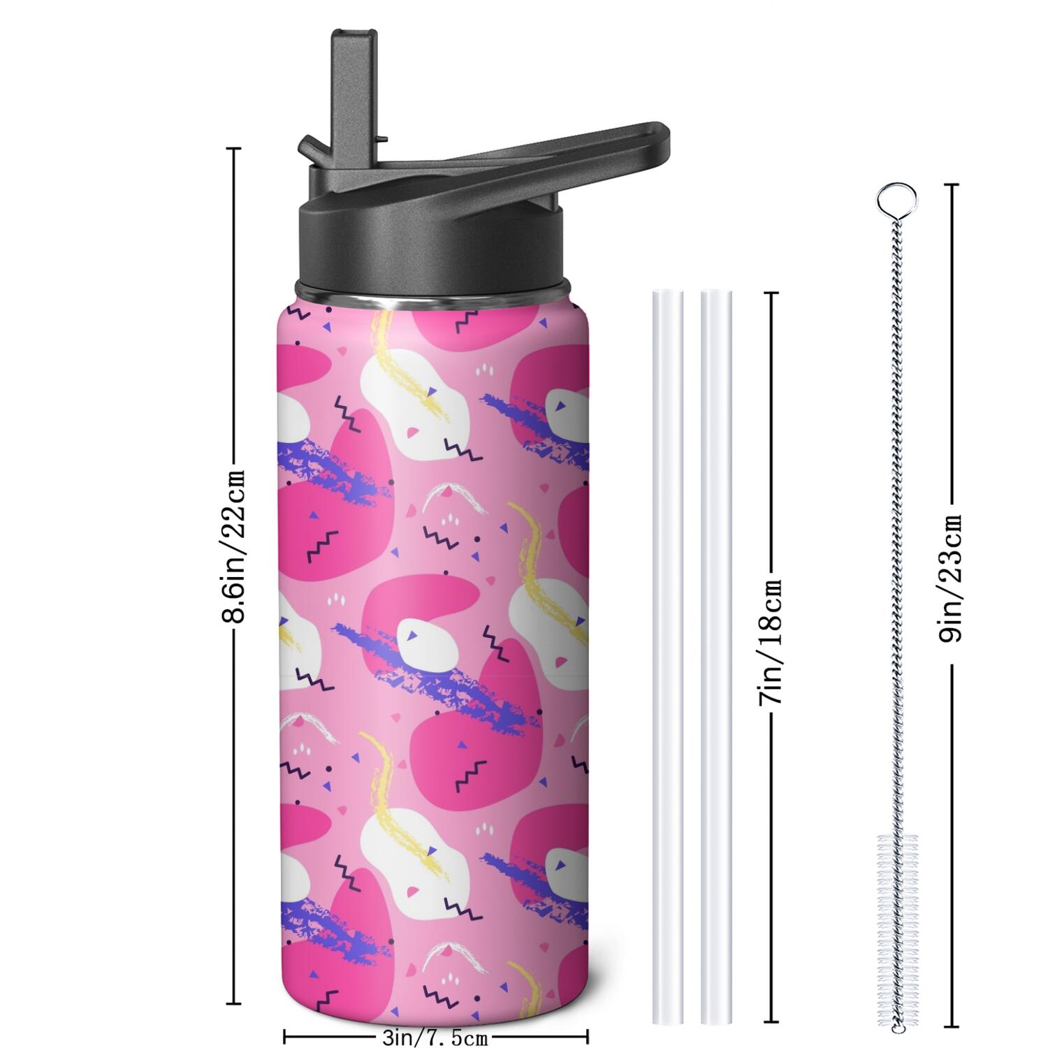 Modern 18 oz Insulated Stainless Steel Water Bottle with Straw & Cleaning Brush , Leakproof, BPA-Free, 304 Stainless Steel, Wide Mouth, Travel Mug for Car, Gym, Office