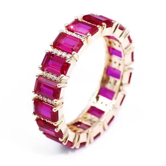 Full Eternity Lab-Created Ruby & Diamond Wedding Band, 5x3mm Emerald Cut with Diamond Engagement Bridal Rings in Sterling Silver