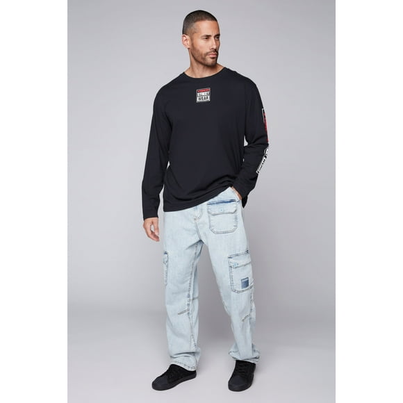 VISION STREET WEAR GELFAND - Loose Fit Cargo Pant with Adjustable Hems - Light Blue Denim
