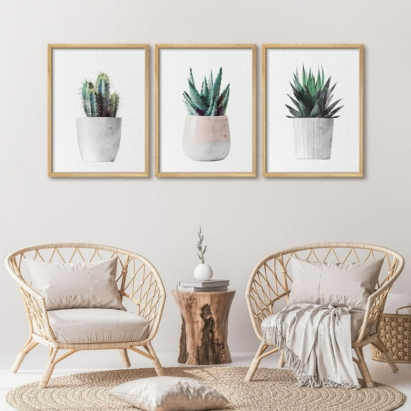 PixonSign Framed Wall Art Watercolor Succulent Plants Posters, Set of 3 Minimal Green Potted Plants Illustrations Wall Decor, Adhesive Canvas Prints for Home Decor - 8"x10" Natural