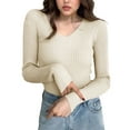 thumbnail image 6 of Women's Fitted Stretch Pullover Sweater Long Sleeve Solid Color Ribbed Knit Bodycon Top Soft Warm Slim Fit Casual Crewneck Fall Winter Basic Layering, 6 of 7