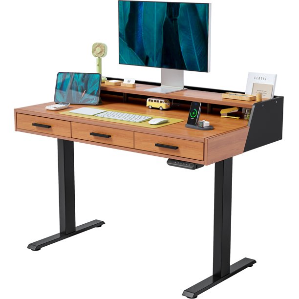 FEZIBO Electric Standing Desk with 3 Drawers & Monitor Shelves, 48 x 26 inches Sit Stand Home