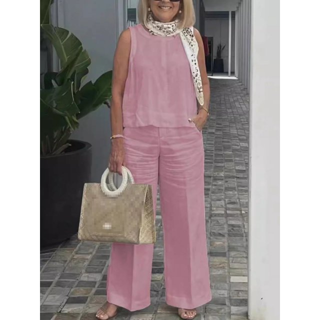 Trajes sencillos de lino y algodón para mujer, blusa holgada sin mangas a la moda de verano, pantalones de pierna ancha, conjunto de dos piezas para mujer, trajes informales