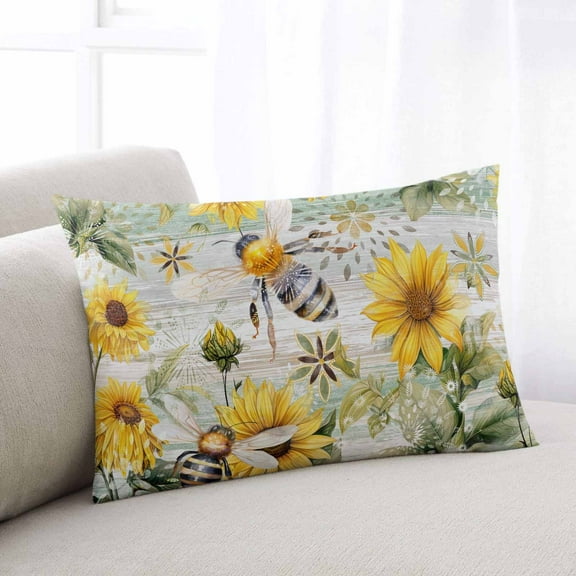 Summer Sunflower Throw Pillow Cover Case, Couch Sofa Bed Pillowcase, Soft Decorative Lumbar Pillow Protector, Farmhouse Bee Floral Green Wooden 16x24Inch Reversible Pillow Shams with Zipper