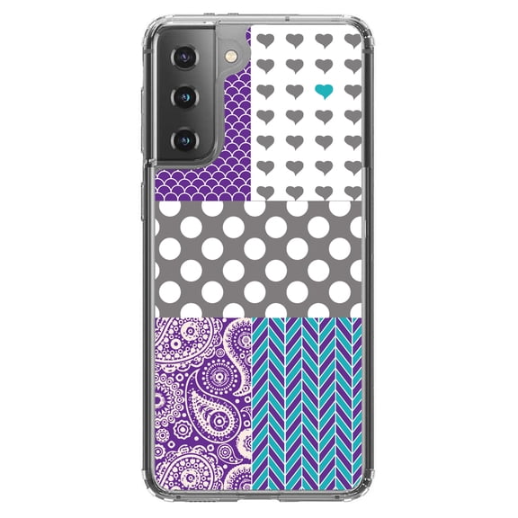 DistinctInk Clear Hybrid Case for Samsung Galaxy S21 Plus (6.7" Screen) - Purple Teal Grey Patterns - Shockproof Protection