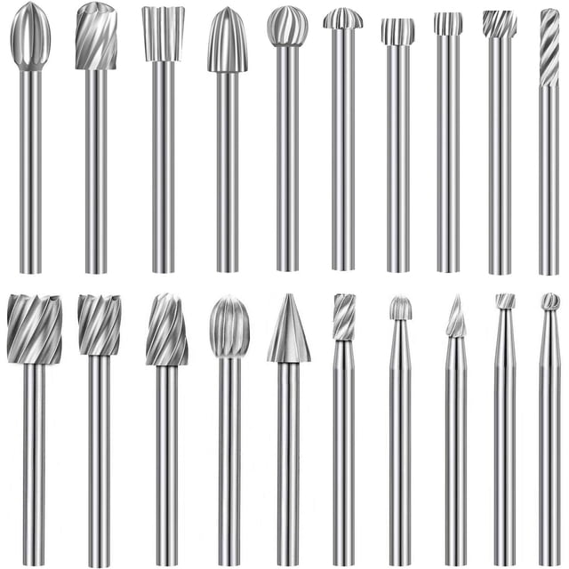 Juego de fresas rotativas HSS de carburo de tungsteno, juego de 20 brocas para tallar madera con bricolaje para carpintería, tallado, grabado y perforación