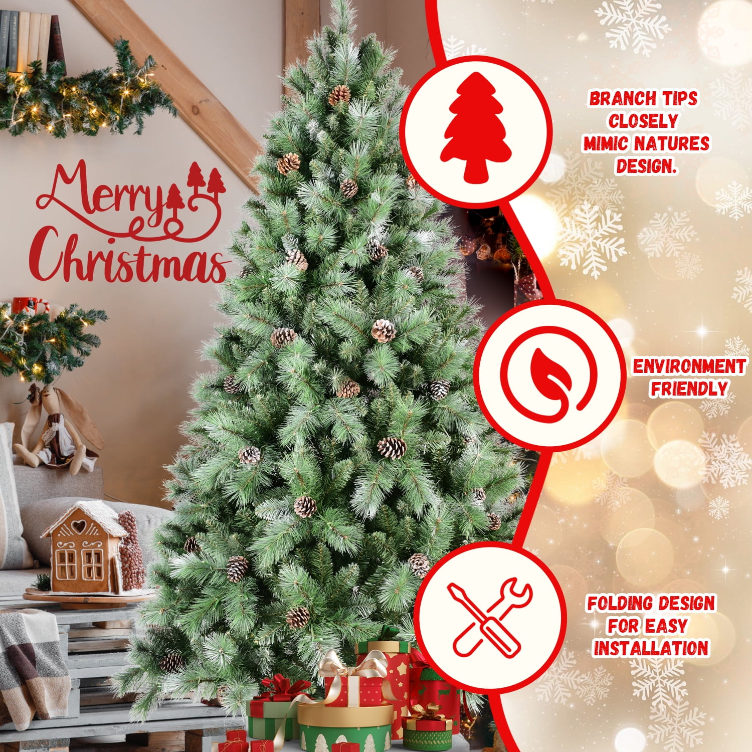 6ft Flocked Christmas Tree 988 Tips 66 Pine Cones Hinged Branches Metal Stand Indoor Decor