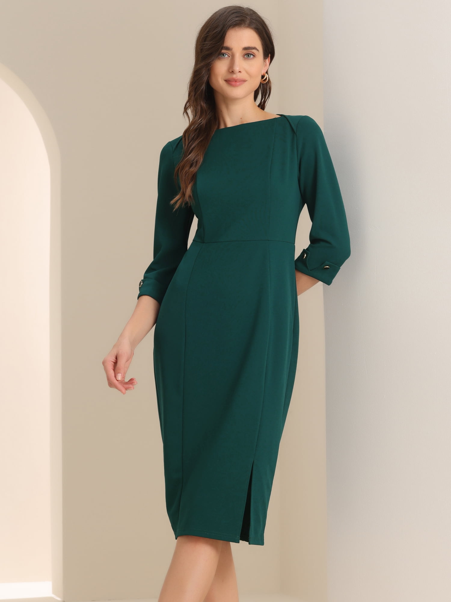 DARING DIVA Elegant Boat Neck 3/4 Sleeves Midi Split Sheath Dress S Deep Green