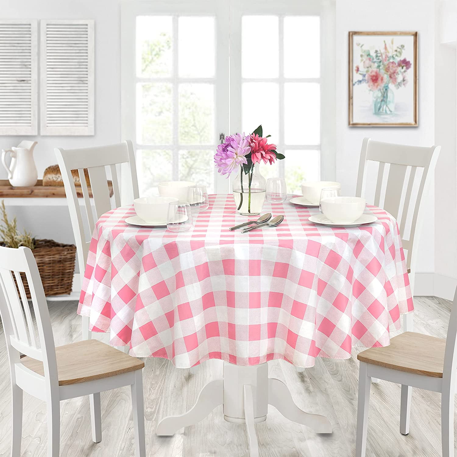 Newbridge Pink Pastel Easter Farmhouse Check Vinyl Tablecloth With Flannel Backing, Spring