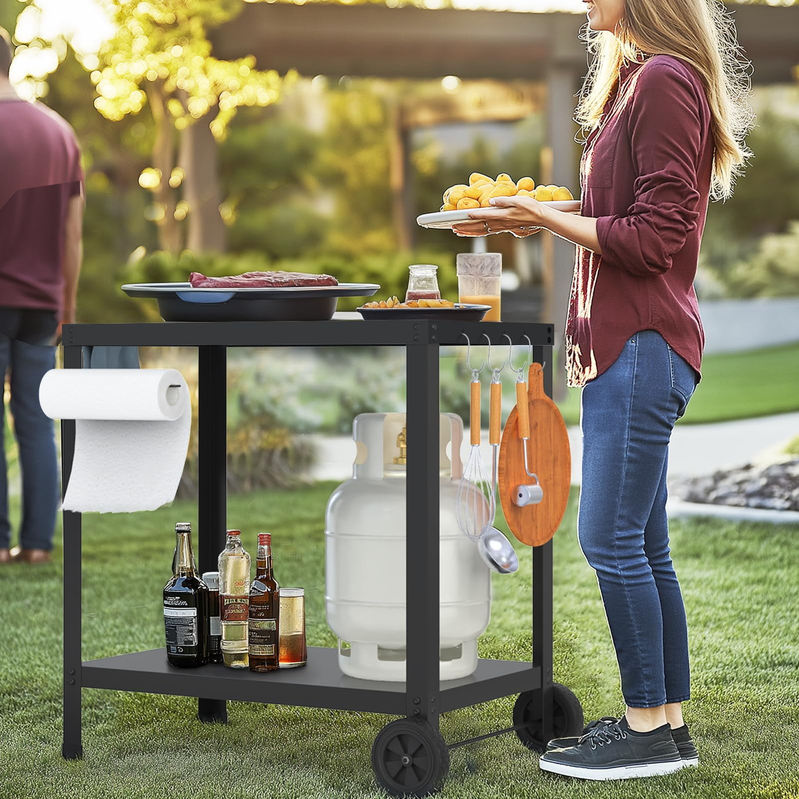 Outdoor Grill Cart with Wheels, Rolling Dining Table for Blackstone Griddle Stand, BBQ Kitchen Food Prep Table for Party