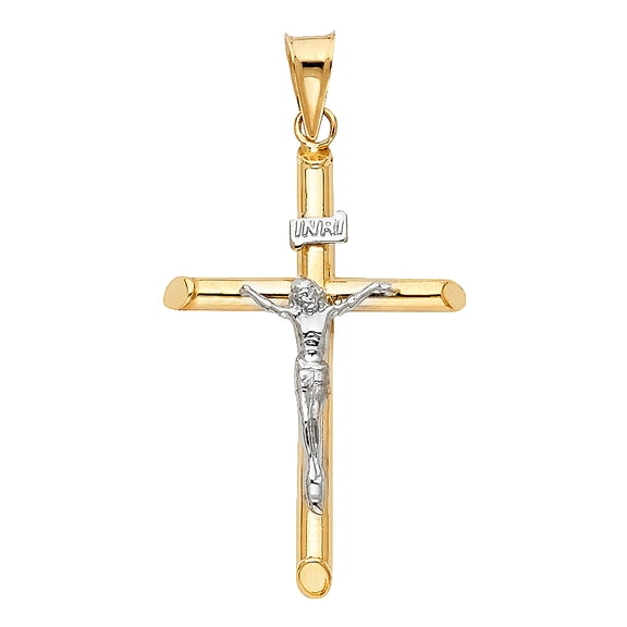 Wellingsale 14K Two 2 Tone White and Yellow Gold Polished Religious Catholic Crucifix Charm Pendant