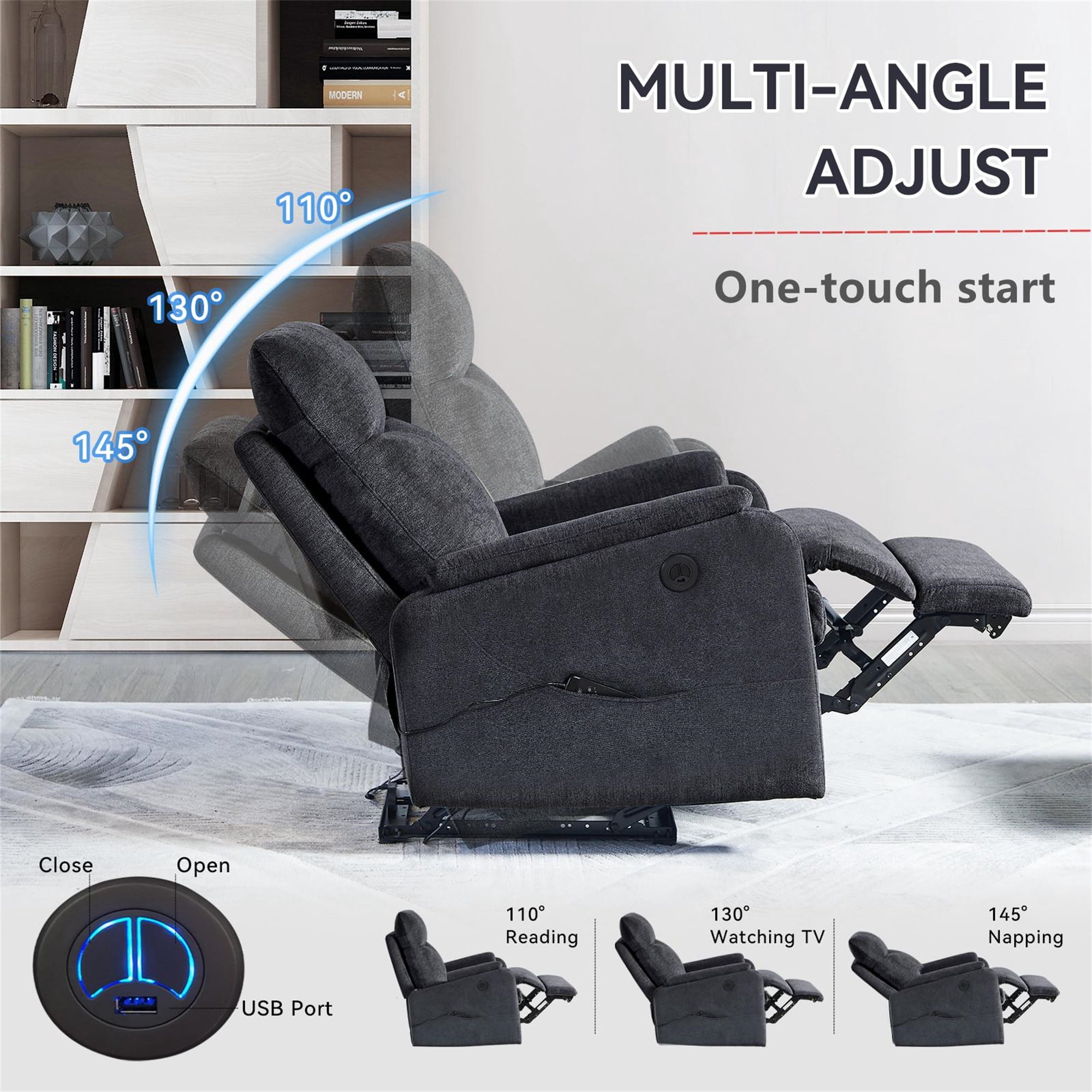 Aukfa Power Recliner Massage Chair with USB for Living Room Bedroom, Velvet, Gray