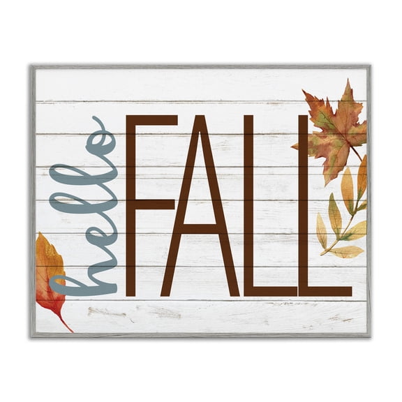 Stupell Industries Cottage Hello Fall Planked Look Autumn Foliage Gray Framed Giclee Art, 14 x 11, by Kim Allen
