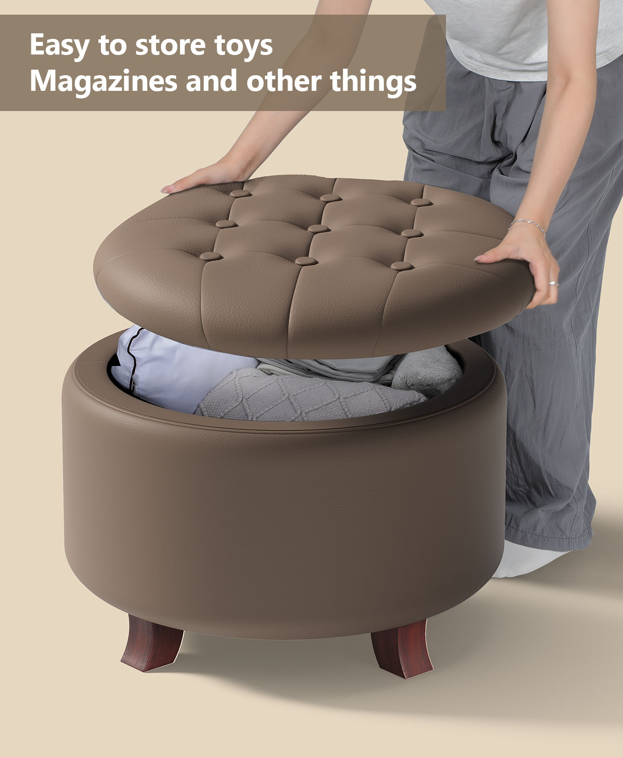 OSM Ottoman,Round Leather Foot Rest Stool, Upholstered Large Ottoman Chair with Storage for Living Room & Bedroom, Decorative Home Furniture, Brown