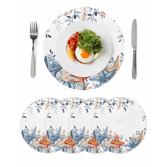Orange Blue Starfish Coastal Round 13 Inch Placemats Set of 4, Nautical Beach Eucalyptus HeatResistant Non Slip Place Mats for Dining Table, Wipeable Braided Kitchen Table Mats for Housewarming