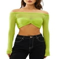 thumbnail image 2 of Women Off Shoulder Long Sleeve Top Mesh Ruched Slim Fit Crop T Shirt Sheer Blouse, 2 of 5