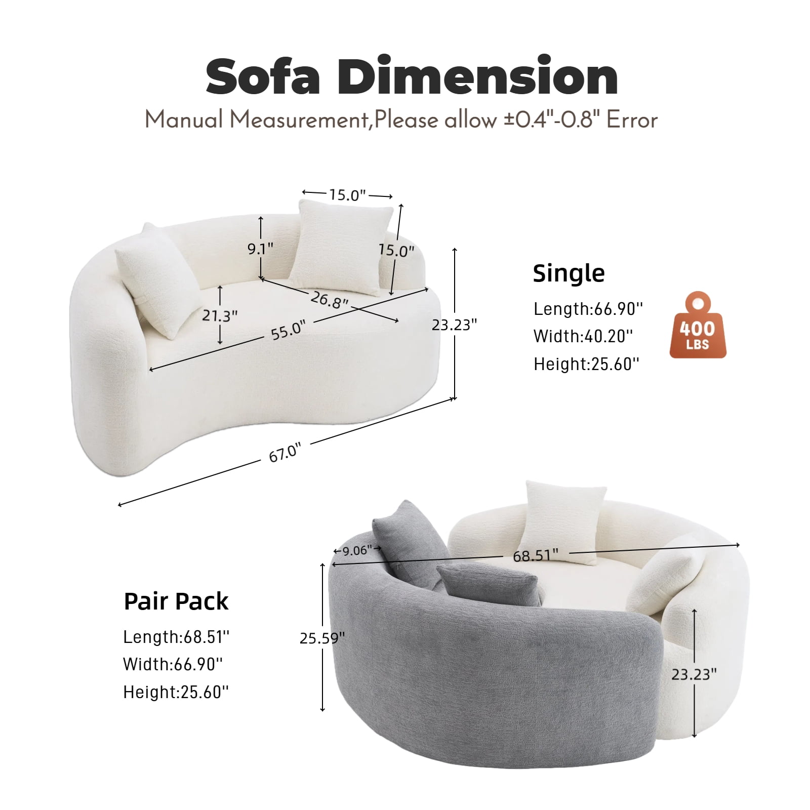 Sectional Sofa, Loveseat Sofa, Chenille Sofa with S-Curved Design and Dual-Depth Seat, Compact for Small Spaces Apartments Offices, No Assembly Required, White, 66.9 Inch