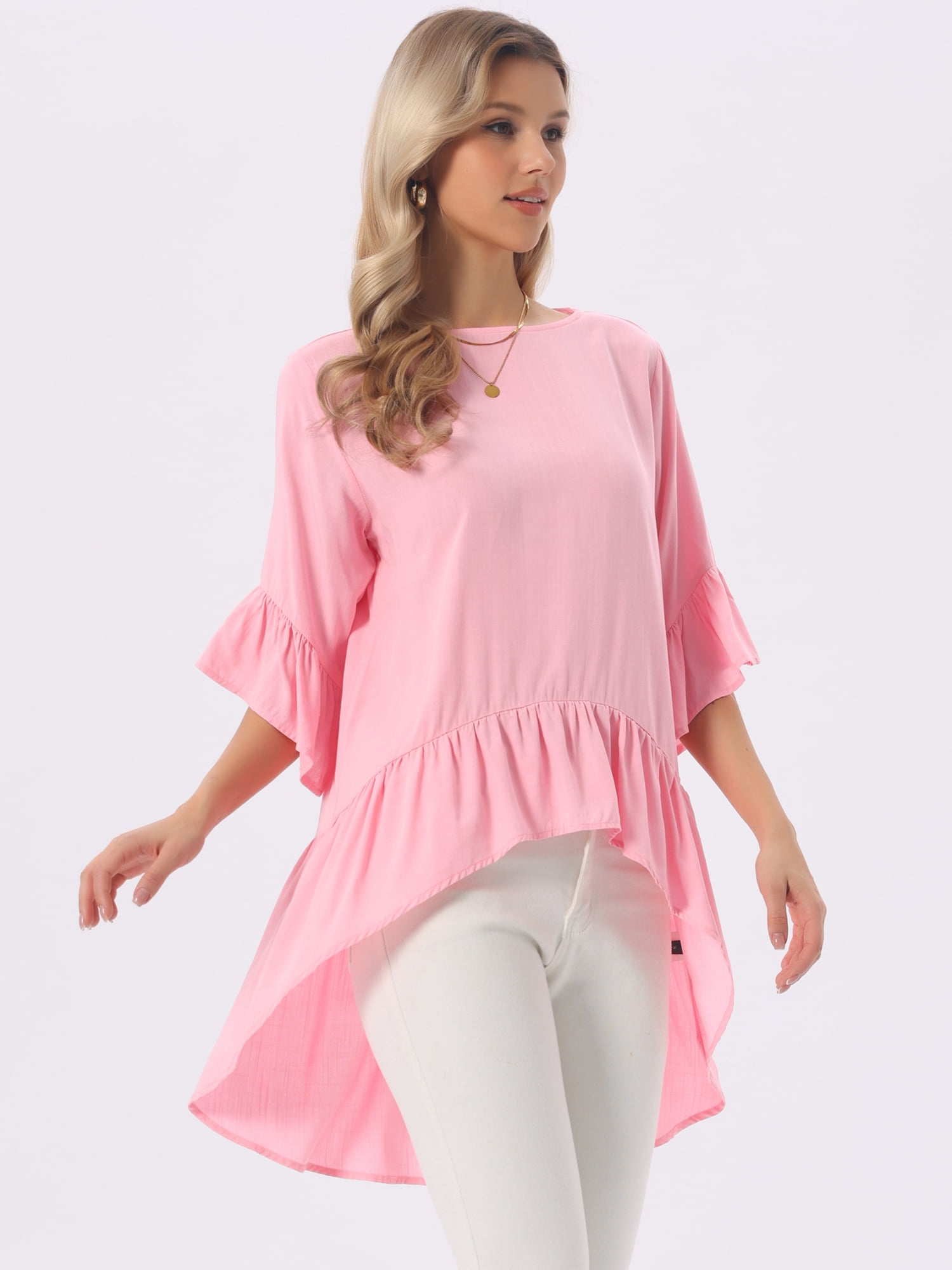 DARING DIVA Women's High Low Tops Bell Sleeve Crewneck Ruffle Blouse 2XL Pink