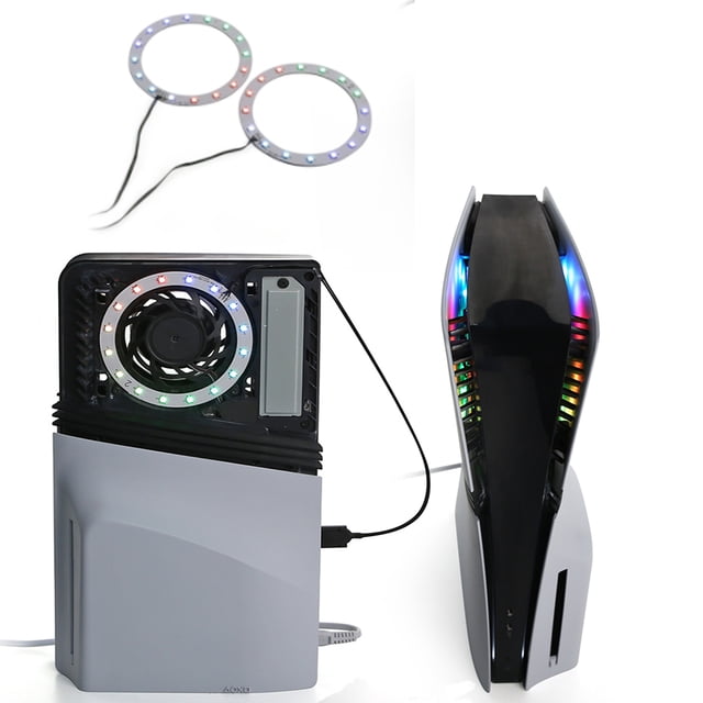 RGB LED Light Strip compatible with PS5 Pro and Slim consoles, shown installed on a PS5 with dynamic multi-color effects. The flexible dual-layer nano light guide strip is precisely aligned with the console's ventilation structure, powered via USB connection. The image highlights the seamless integration of the light strip, enhancing the gaming setup with vibrant ambient lighting. Includes two circular LED strips and a single-button control for cycling through 18 lighting effects, including sound-activated modes.