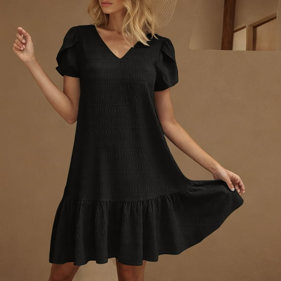 ITSAME Women's Midi Dress, Short Sleeve V Neck Ruffled Elegant Summer Casual Loose Dresses Black 2XL