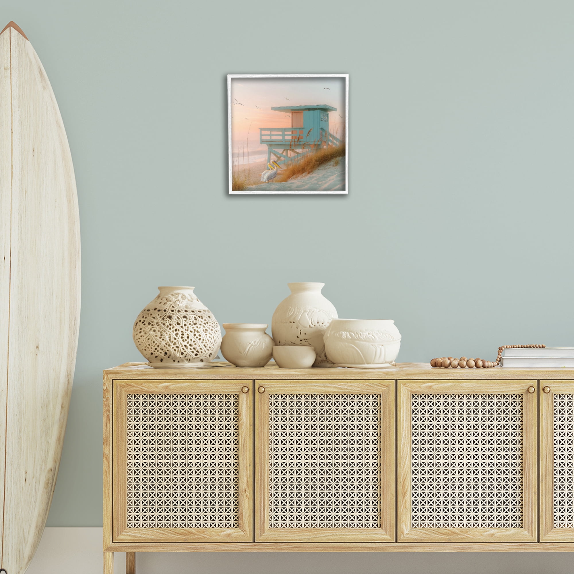 Stupell Industries Coastal Charm Beach Hut Coastal Painting White Framed Art Print Wall Art, 17 x 17