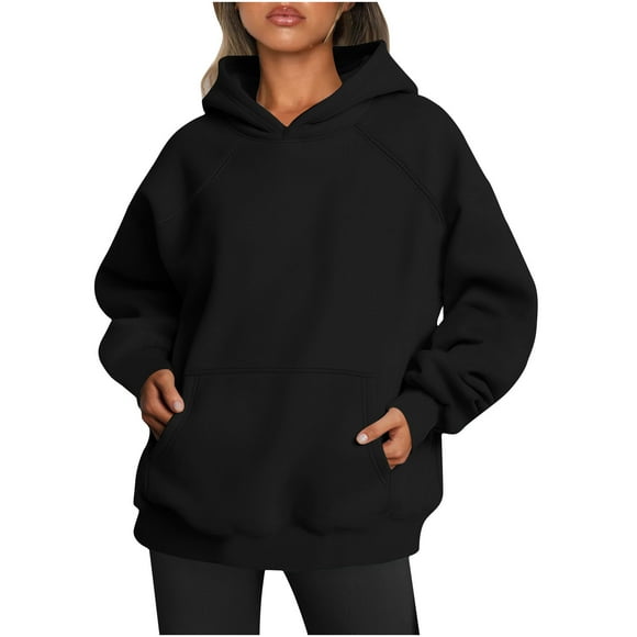 RKSTN Hoodies for Women Fall Solid Color Basic Loose Hoodie Plus Size Sweatshirt Long Sleeve Kangaroo Pocket Drop Shoulder Pullovers Tops