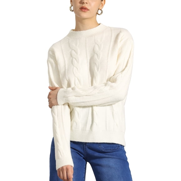 Suéter de cuello redondo de punto trenzado de manga larga para mujer INSPIRE CHIC en blanco L