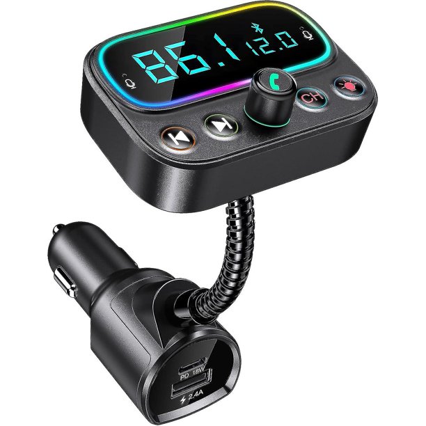 Transmisor FM Bluetooth 5.0 para automóvil, cargador rápido USB-C de 18 W, receptor de radio con adaptador Bluetooth para automóvil, retroiluminación multicolor, puertos USB duales, salida auxiliar, D