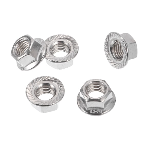 Unique Bargains 5 Pcs M10*1.25 Car Flange Nuts 304 Stainless Steel Girded Hex Lock Flange Nuts Non-Slip Lock Flange Silver Tone for Car Motorcycle