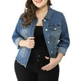 thumbnail image 2 of GRACE & GRANDEUR Women's Plus Size Washed Button Front Frayed Denim Jacket Blue 1X, 2 of 6