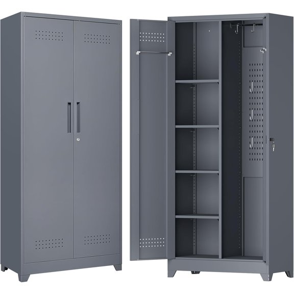73" H Utility Storage Cabinet, Tall Cabinet with Doors and Shelves, File Cabinet with Pegboard, Heavy Duty Garage Storage Cabinets for Home Office, School, Basement, Gym
